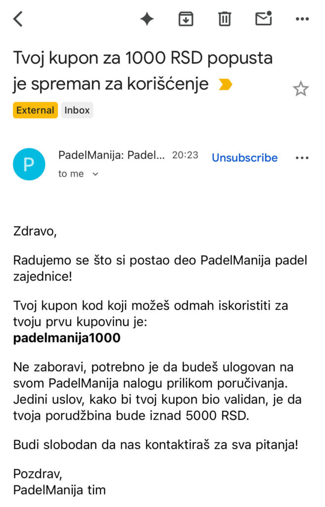 padelmanija kupon 1000 rsd 2